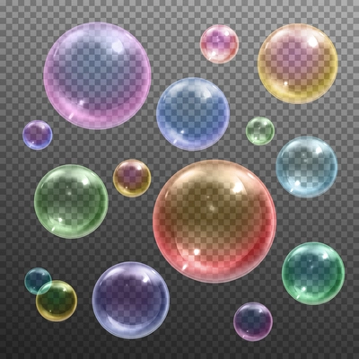 Iridescent colored shiny various sizes round soap bubbles floating against dark transparent background realistic vector illustration