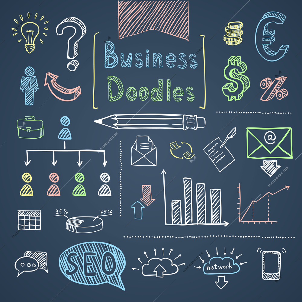 Doodle business set of finance symbols chart and diagrams isolated vector illustration