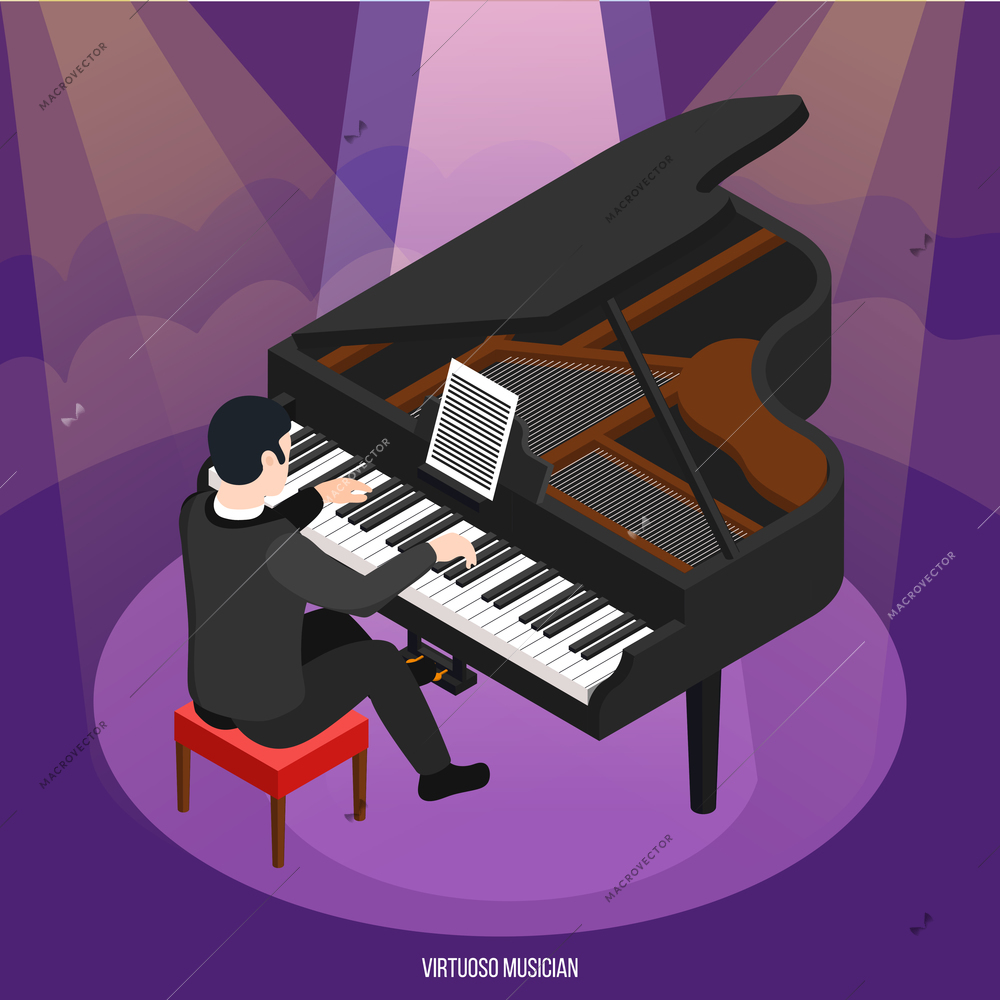 Talented pianist during concert in rays of light isometric composition on purple background vector illustration