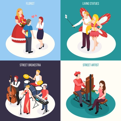 Street artists isometric design concept portrait painting living statues performance of orchestra and florist isolated vector illustration