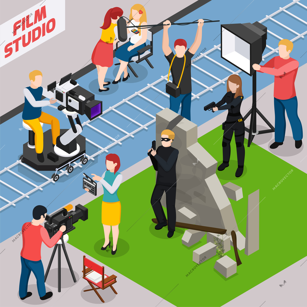 Film studio isometric composition with actors videographers sound engineer and illuminator during movie making vector illustration