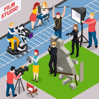 Film studio isometric composition with actors videographers sound engineer and illuminator during movie making vector illustration