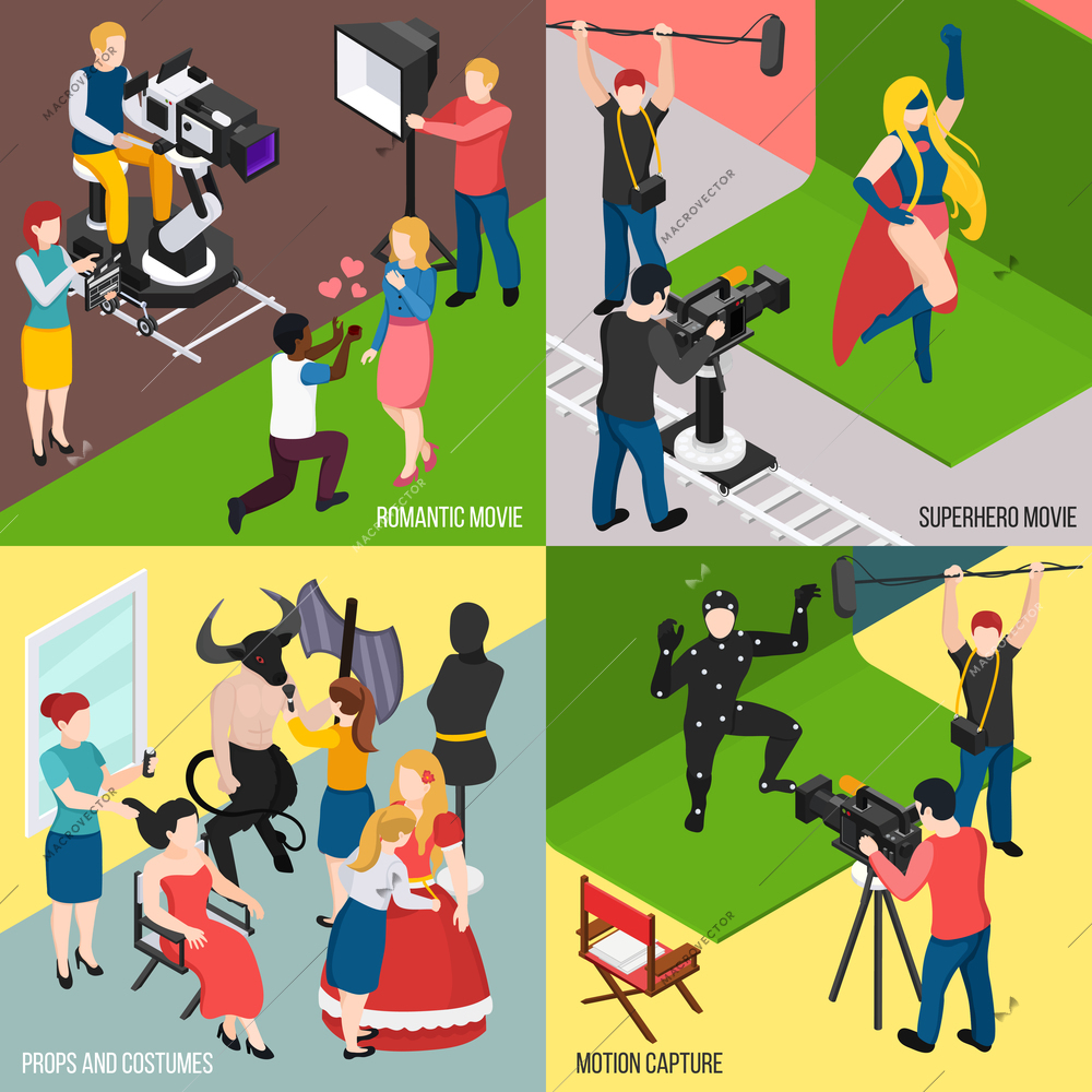 Super hero and romantic movies motion capture cinema props and costumes isometric design concept isolated vector illustration