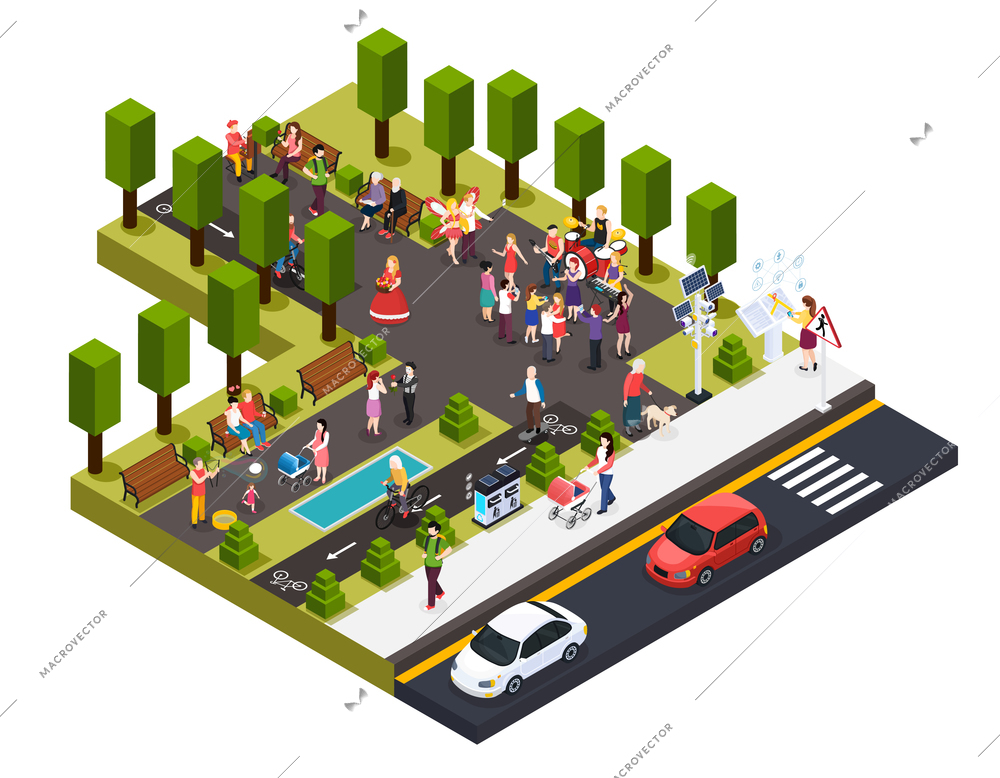 Street artists musicians master of pantomime painter florist and living statues in park isometric composition vector illustration
