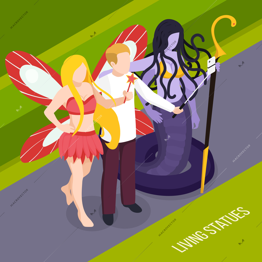 Street artists isometric composition man during selfie with living statues of fairy and medusa vector illustration