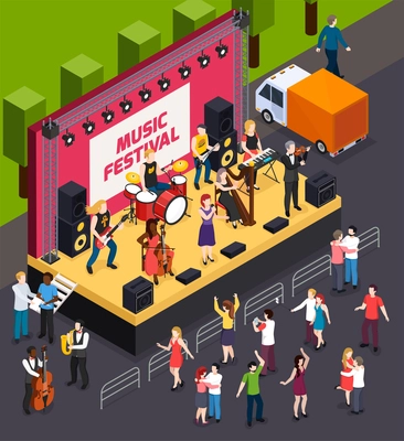 Musicians during performance on scene of music festival and dancing visitors isometric composition vector illustration