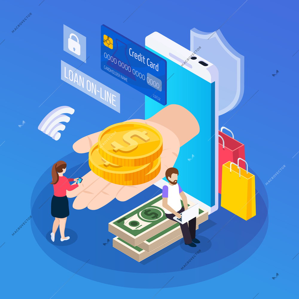 Online lending isometric composition customer with mobile device during getting loan on blue background vector illustration