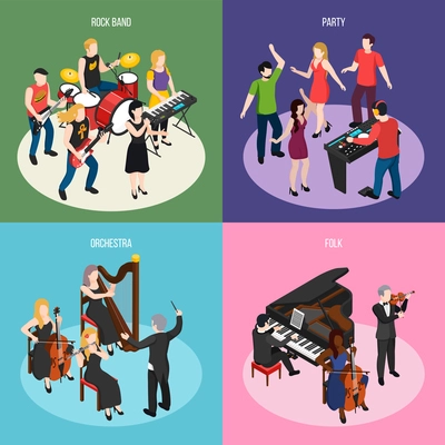 Musicians isometric design concept with rock band orchestra folk music and dancing party isolated vector illustration