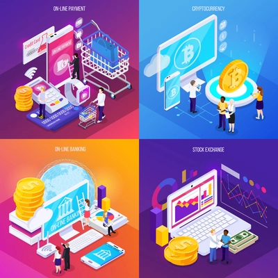 Financial technology isometric design concept electronic payment crypto currency online banking stock exchange isolated vector illustration