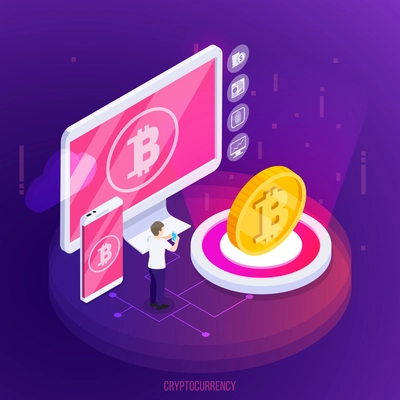 Crypto currency financial technology isometric composition with electronic devices and golden coin on purple background vector illustration