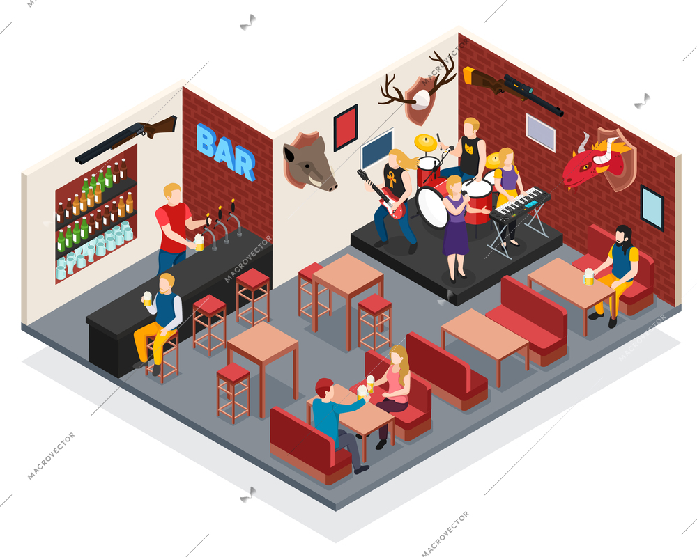 Bar with live music isometric composition with singer and musicians drummer guitarist keyboard player vector illustration