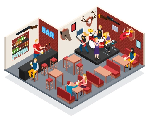 Bar with live music isometric composition with singer and musicians drummer guitarist keyboard player vector illustration