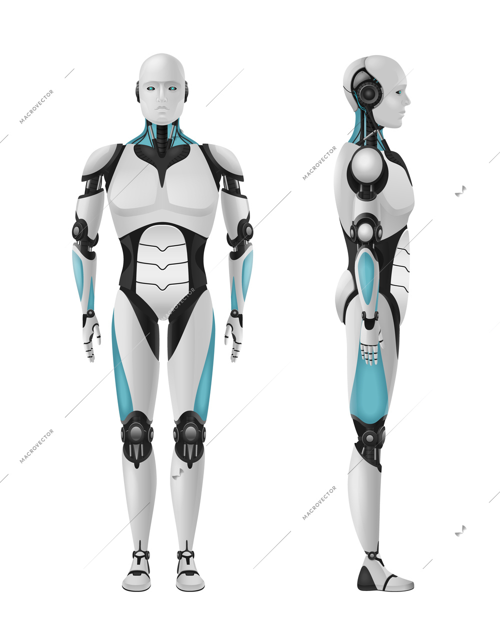 Robot realistic 3d composition with set of front and side views of masculine droid vector illustration