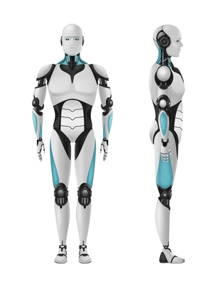 Robot realistic 3d composition with set of front and side views of masculine droid vector illustration