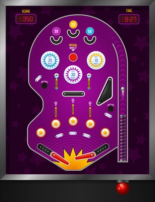 Cartoon and violet pinball composition top view with electronic elements vector illustration
