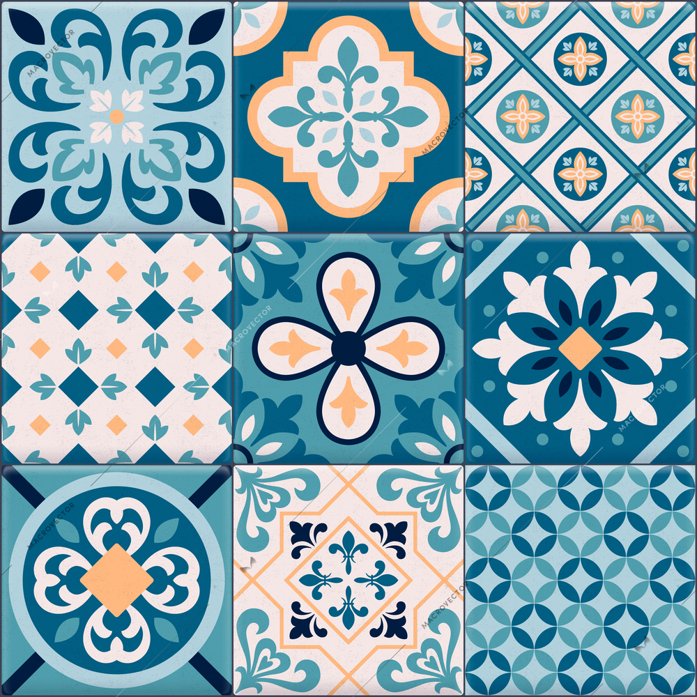 Colored and realistic ceramic floor tiles ornaments icon set for creation of different pattern vector illustration