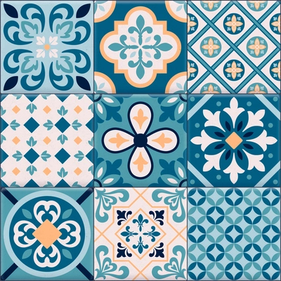 Colored and realistic ceramic floor tiles ornaments icon set for creation of different pattern vector illustration