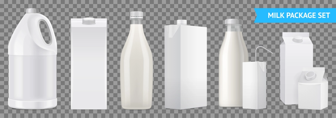 Realistic milk package transparent icon set white bottles in different shapes and sizes vector illustration