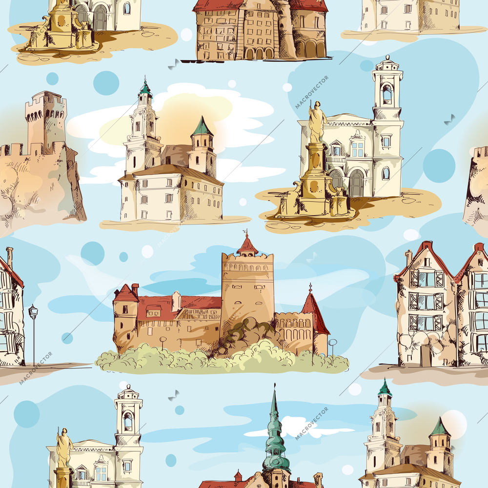 Old city buildings hand drawn decorative elements seamless pattern vector illustration