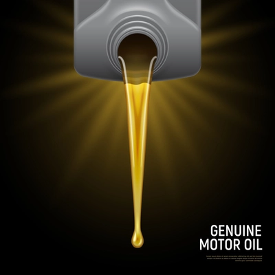 Realistic motor oil black background with genuine motor oil headline and flowing liquid vector illustration