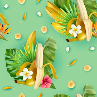 Realistic banana pattern with compositions of banana fruit tropical leavrs flowers and slices with turquoise background vector illustration