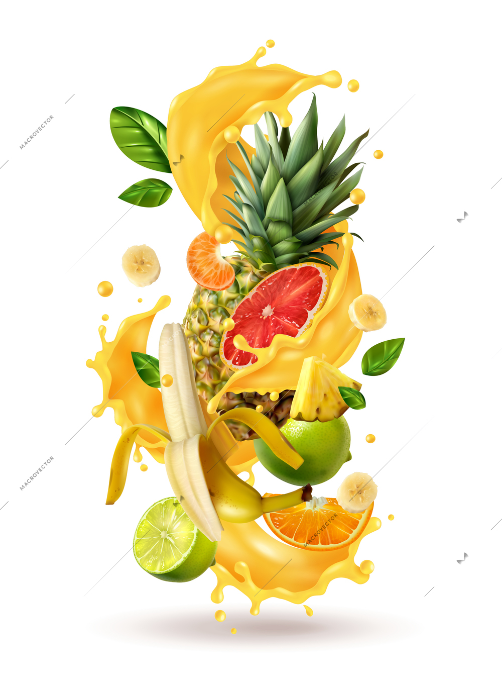 Realistic ftuiys juice splash burst composition with spray images and ripe tropical fruits on blank background vector illustration