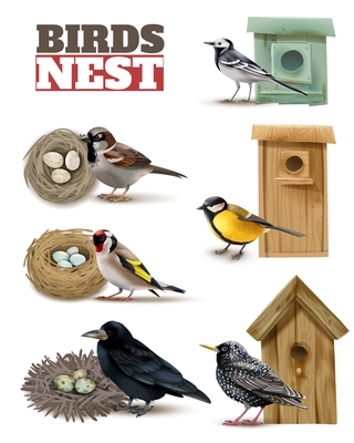 Birds nest set with editable text and realistic images of birds with wild nests and birdhouses vector illustration