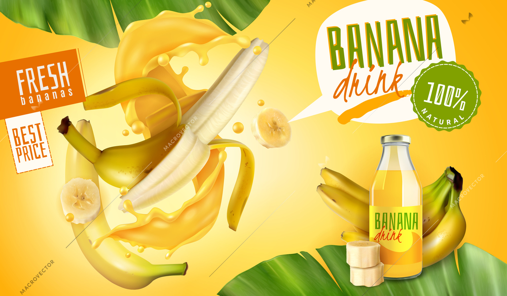 Realistic banana juice packaging ads poster with thought bubbles and editable text with fruits and leaves vector illustration