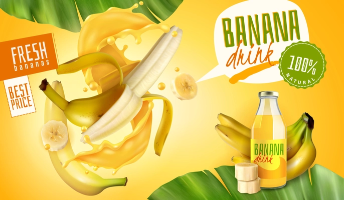 Realistic banana juice packaging ads poster with thought bubbles and editable text with fruits and leaves vector illustration