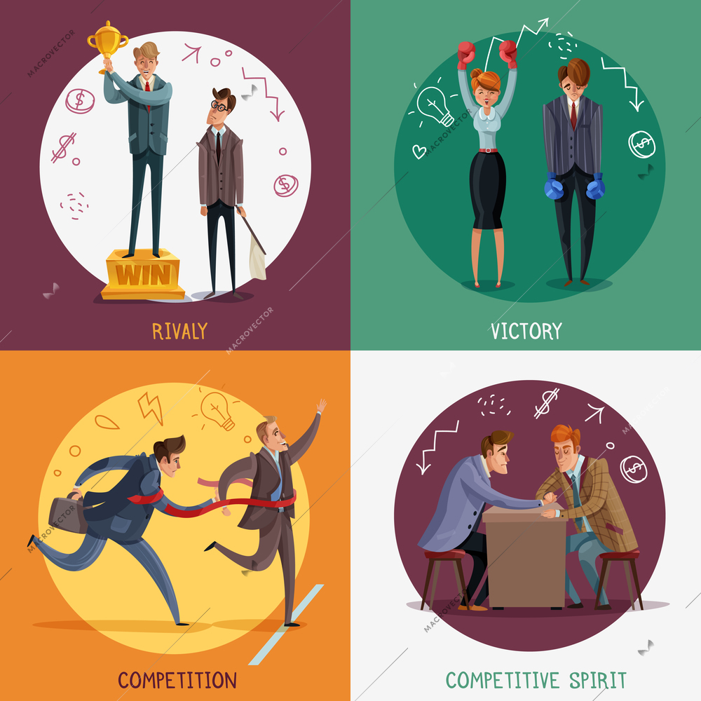 Investor business winner loser characters design concept with doodle style people and sketch pictograms with text vector illustration