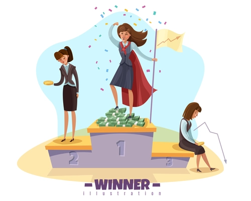 Business winner loser background with businesswomen female doodle style characters on winners poduim with editable text vector illustration