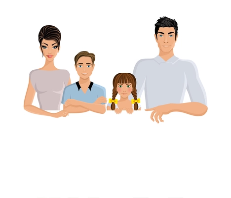 Happy family man woman parents and girl and boy kids portrait horizontal banner bookmark vector illustration