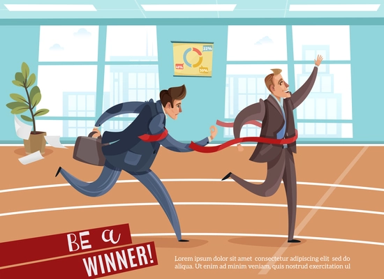 Business competition winner loser background with editable text and indoor view of office with athletic track vector illustration