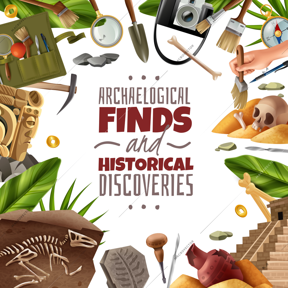 Archeology frame background with round composition of digging equipment artefacts and findings surrounding ornate editable text vector illustration