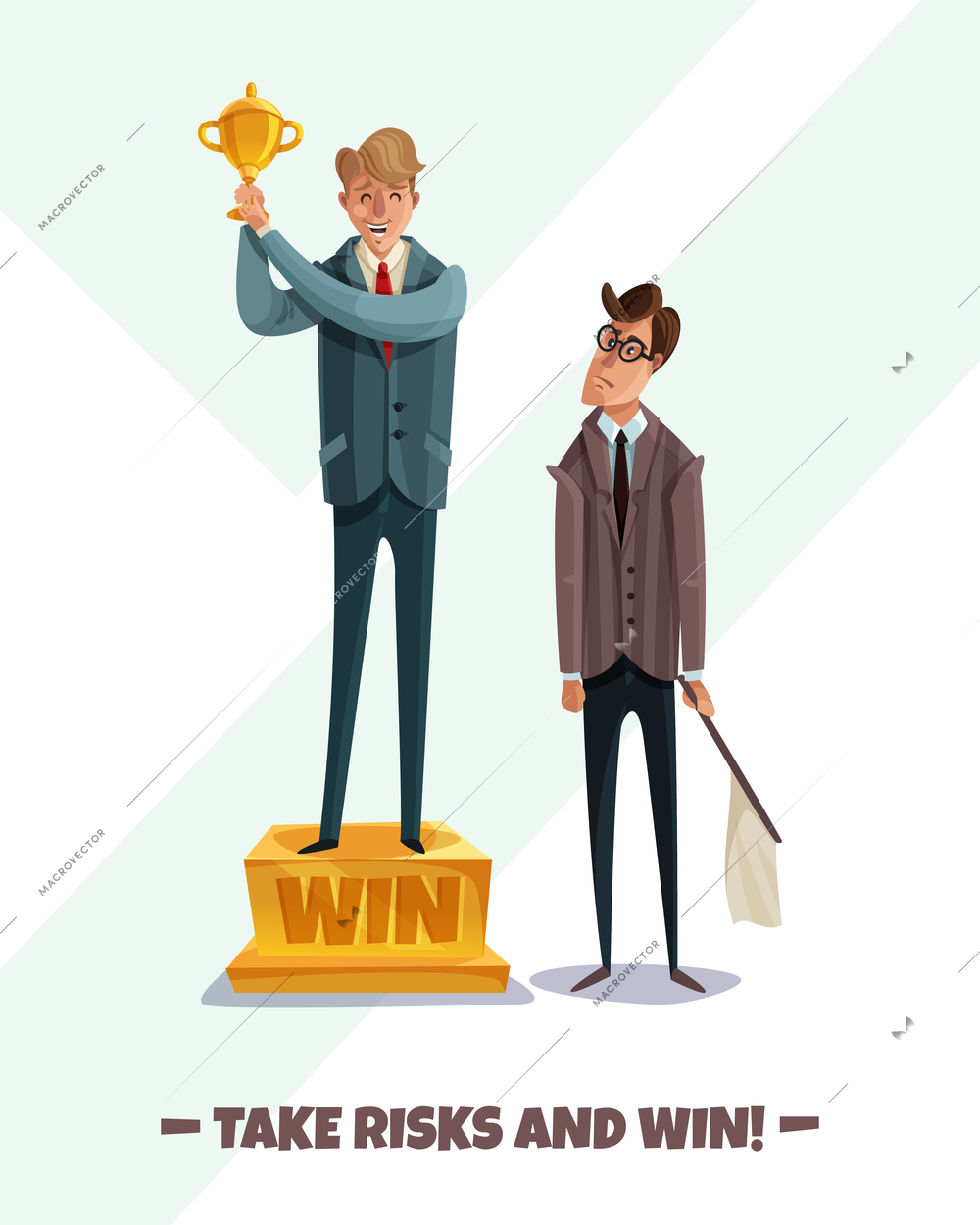 Investor business winner loser characters men background with two male businessmen characters take risks and win vector illustration