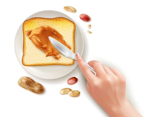 Realistic toast peanut butter knife set with human hand spreading butter on toast bread with plate vector illustration