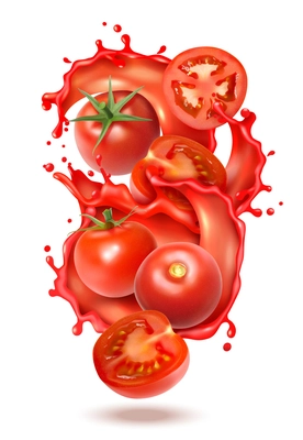 Realistic tomato juice splash composition with slices and whole fruits of tomato with liquid juice splashes vector illustration