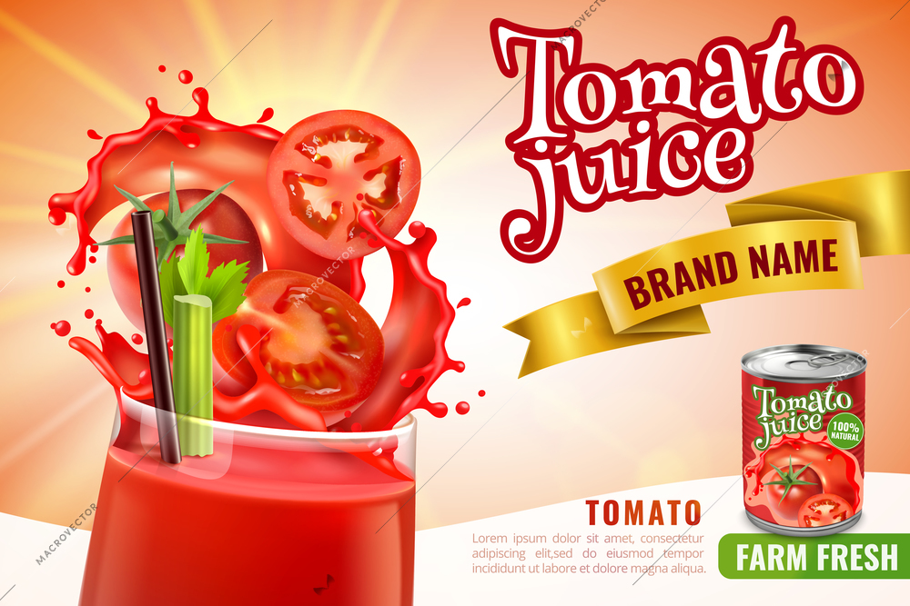 Realistic tomato juice poster composition with glass filled with red cocktail with splashes and editable text vector illustration