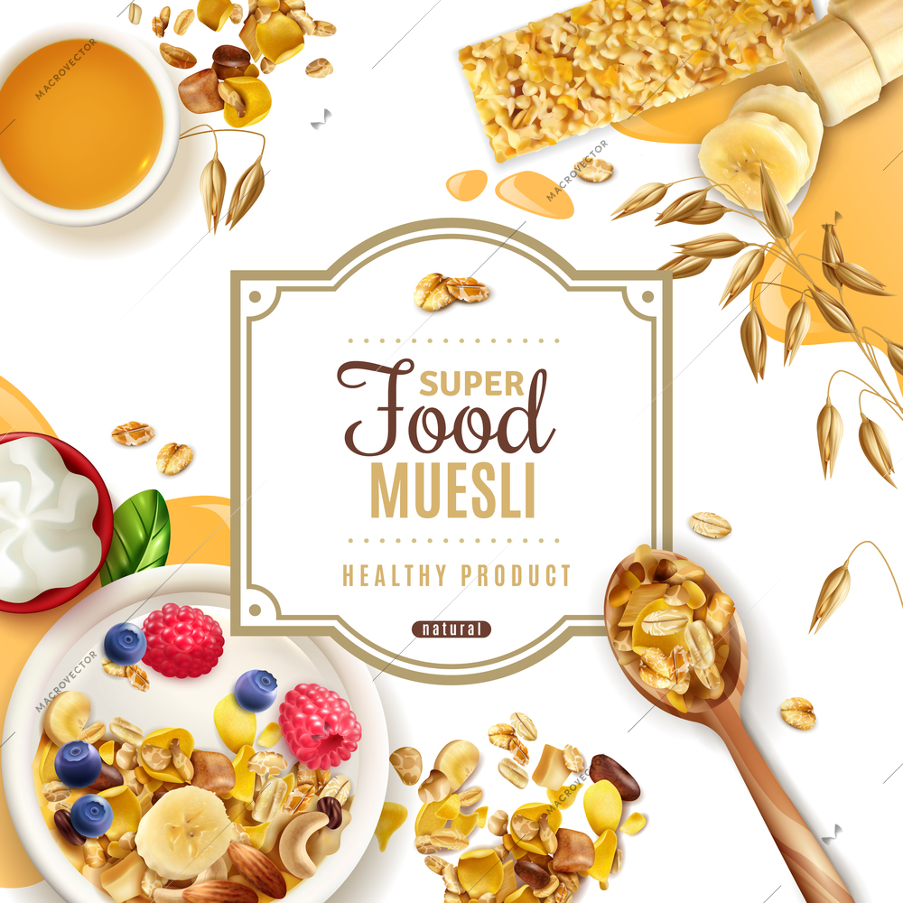 Realistic muesli superfood frame background with ornate text available for editing and top view of table vector illustration