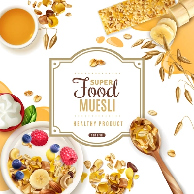 Realistic muesli superfood frame background with ornate text available for editing and top view of table vector illustration