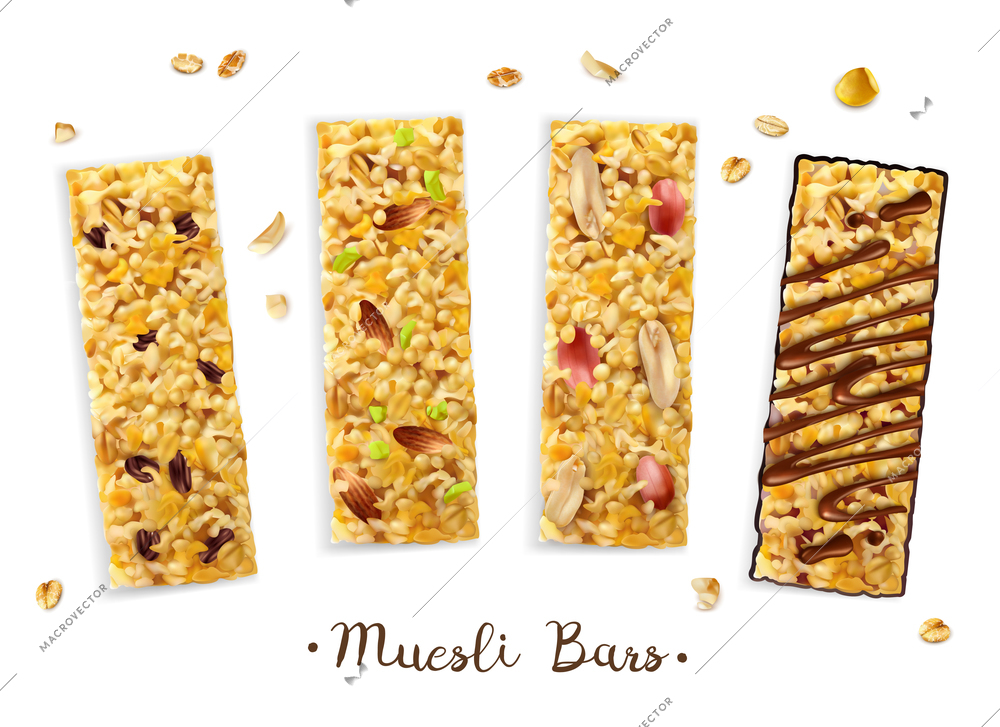 Realistic superfood muesli bars composition with set of four rectangular bars with different toppings and text vector illustration