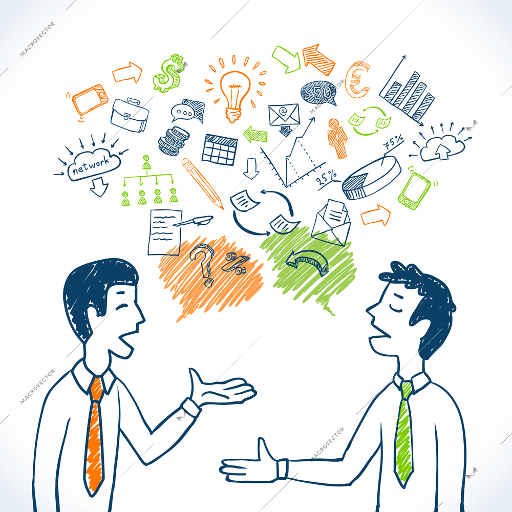 Doodle business conversation sketch concept with businessmen chatting and finance icons isolated vector illustration