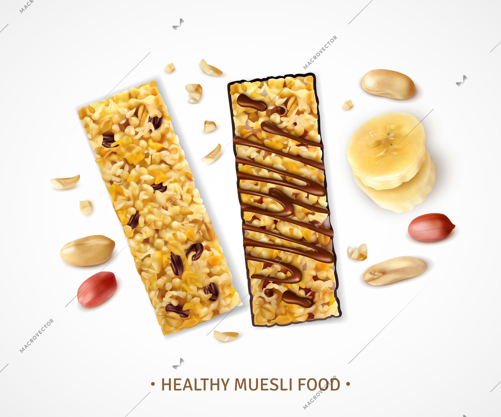 Realistic muesli background with sweet bars of granola with banana slices and pieces of peanut beans vector illustration