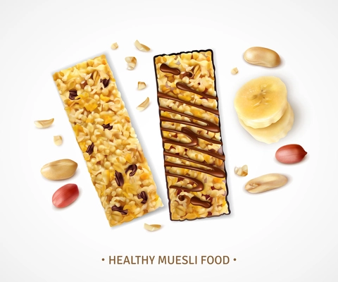 Realistic muesli background with sweet bars of granola with banana slices and pieces of peanut beans vector illustration