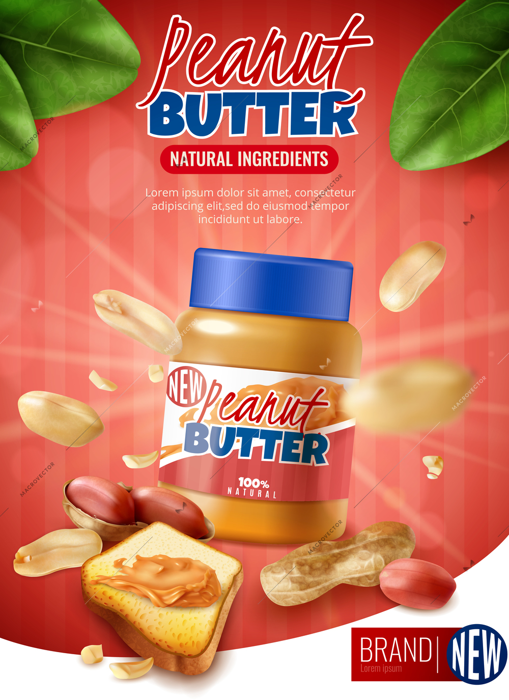 Realistic peanut butter vertical poster ads with branded jar and arachis beans with shell and text vector illustration