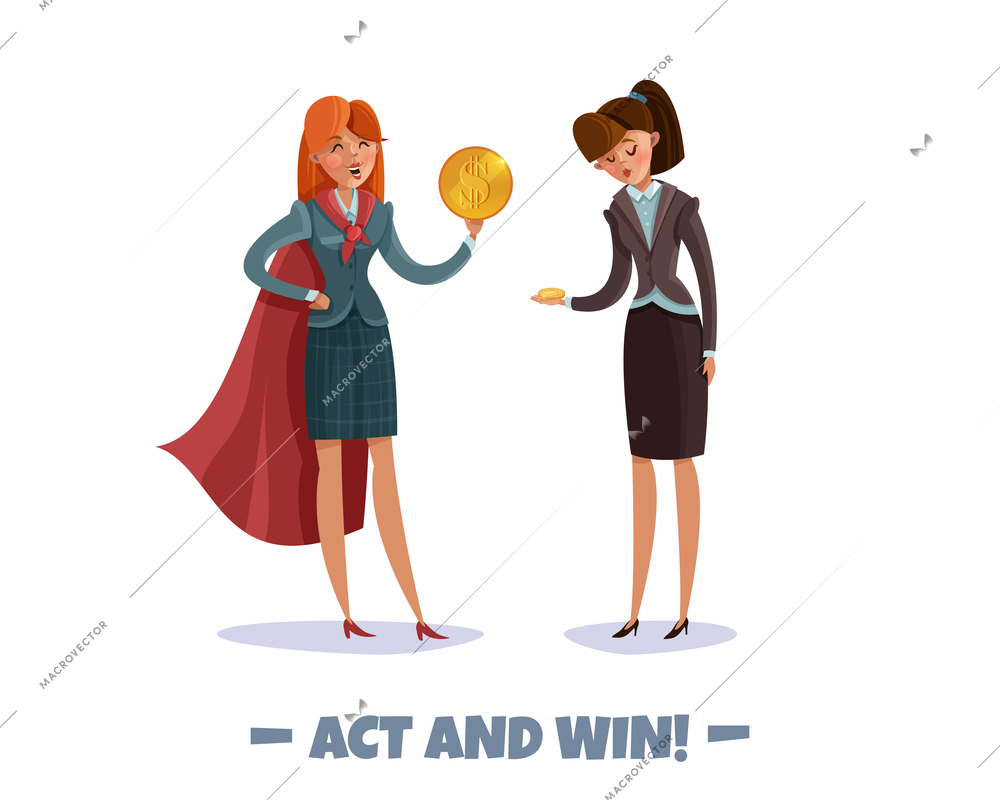 Investor business winner loser characters women with text and doodle style images of businesswomen in costumes vector illustration