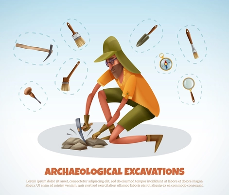 Archeology background with doodle style man digging ground and isolated pieces of excavation equipment with text vector illustration