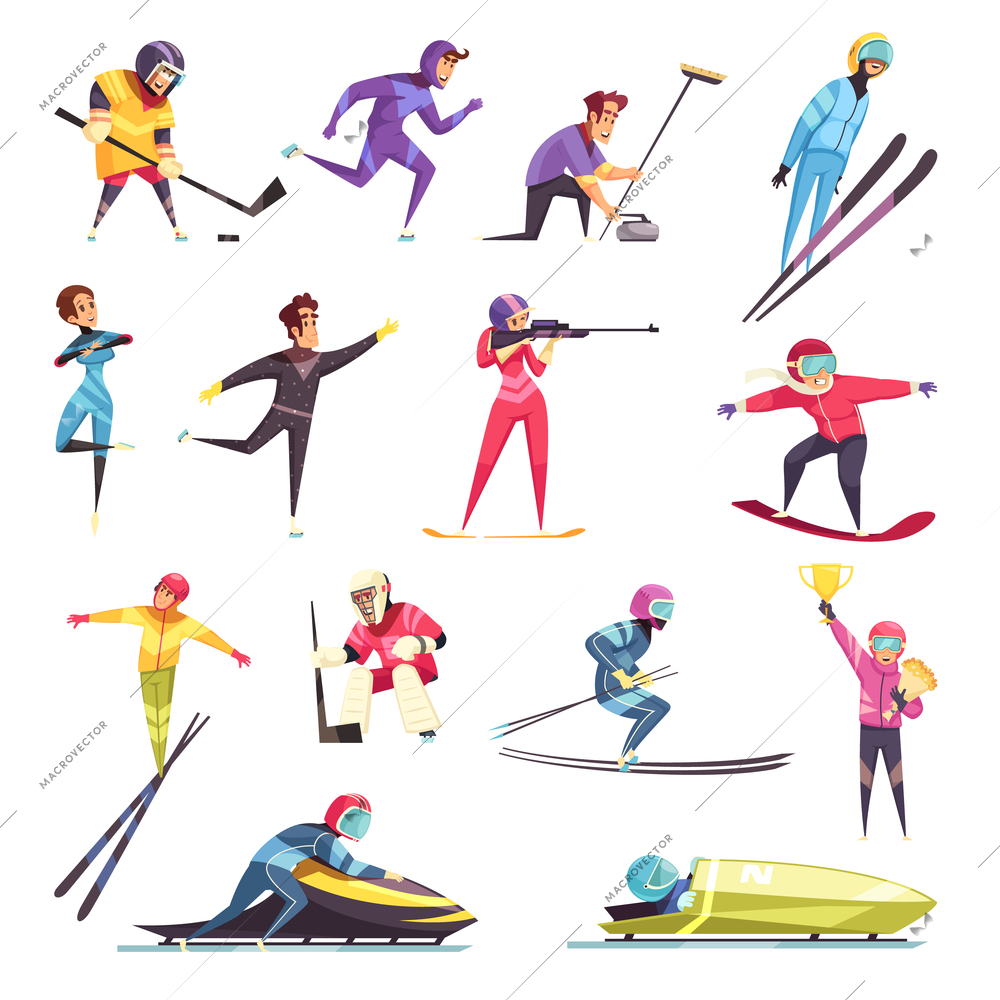 Winter sports set with skiing snowboarding and skating flat isolated vector illustration