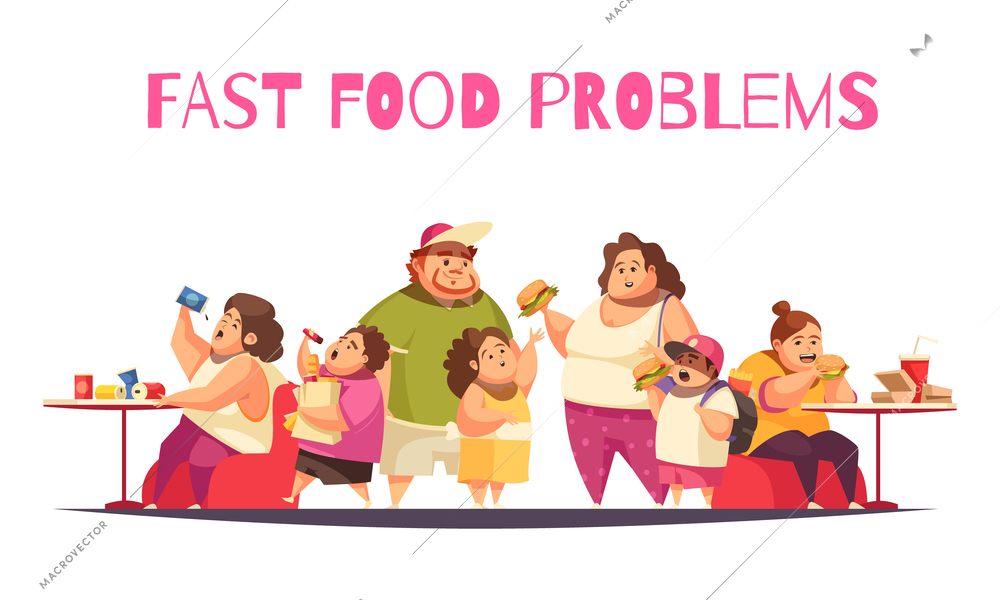 Fast food problems concept with gluttony symbols flat vector illustration