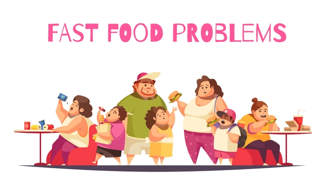 Fast food problems concept with gluttony symbols flat vector illustration